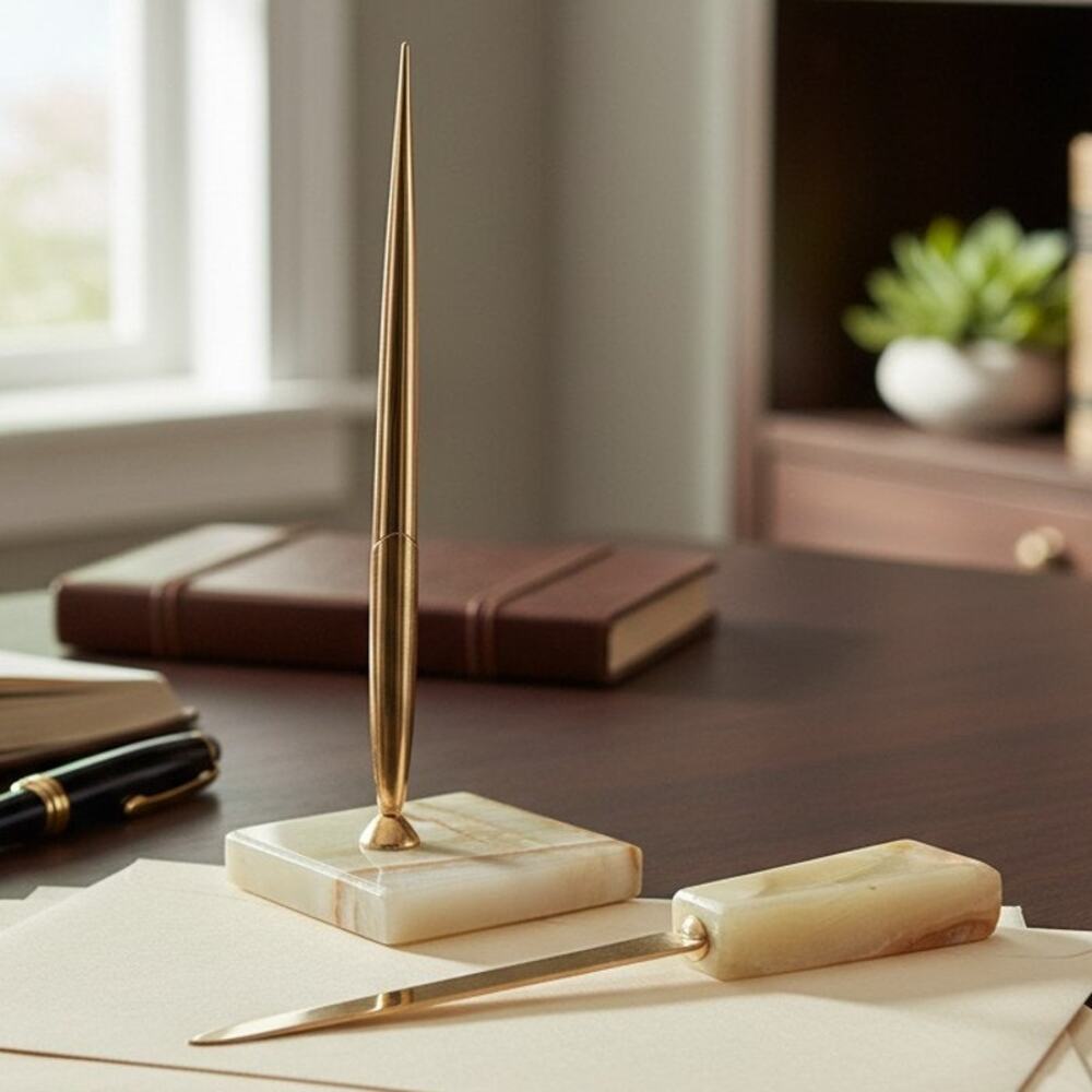 Vintage Sheaffer White Dot 14K Nib Fountain Pen Marble Desk Set Letter Opener